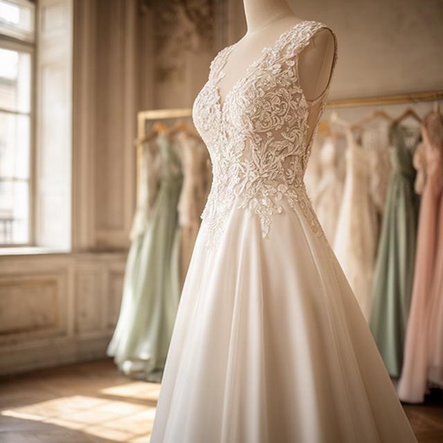Abito da sposa avorio con corpetto ricamato esposto nell'atelier luminoso di Roma