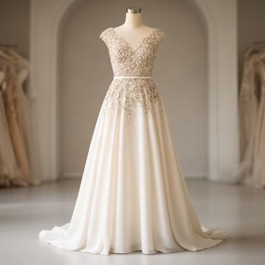 Abito da sposa a linea con corpetto ricamato e gonna avorio su manichino