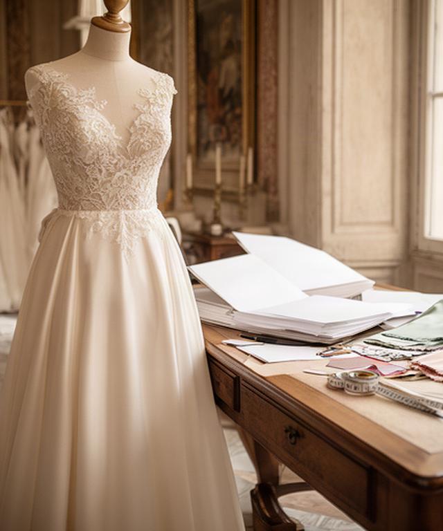 Dettaglio di un abito da sposa avorio accanto a un tavolo con documenti nell'atelier di Roma