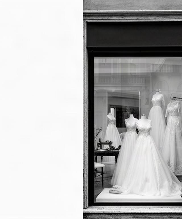 Vetrina della boutique Di Maio Sposa a Roma con abiti da sposa e dettagli sartoriali in bianco e nero