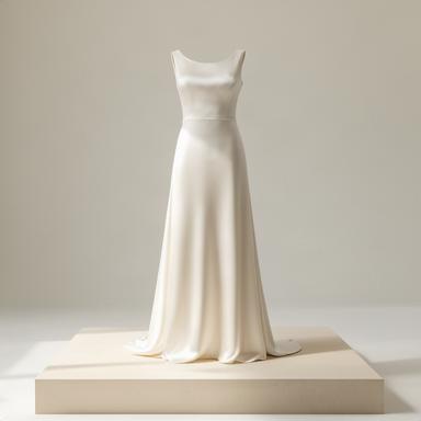 Abito da sposa minimal in raso liscio con scollo pulito su pedana chiara