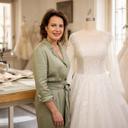 Navpreetchohan Gebrekidan nella boutique romana, accanto a un abito da sposa in lavorazione