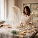 Abelina Ianziz ordina veli e accessori italiani su un banco della boutique