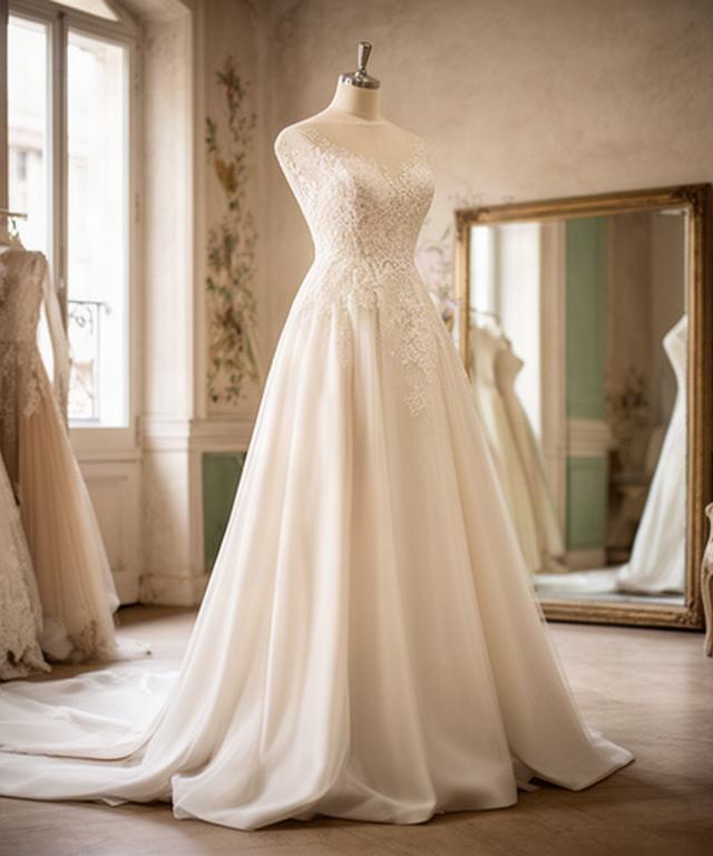 Abito da sposa avorio della nuova collezione esposto in una boutique romana illuminata dalla luce naturale