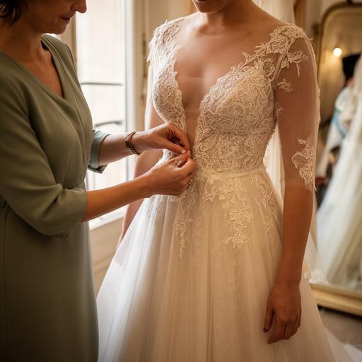Consulente che sistema il corpetto di un abito da sposa durante una prova in atelier a Roma