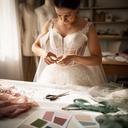Fabiana Ousainou al tavolo da lavoro mentre rifinisce un corpetto da sposa